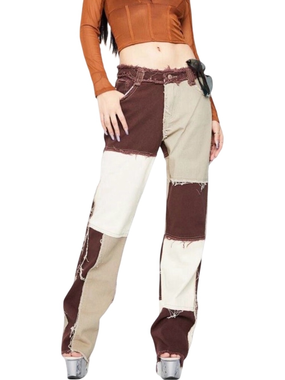 Day Dream Brown Patchwork Denim Pants - Size Small
